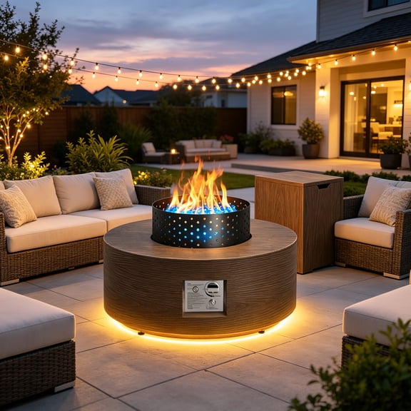 Vornel 30" 50,000 BTU Round Propane Fire Pit Table with Warm LED Light, Brown Wood Grain Outdoor Patio Gas Firepit