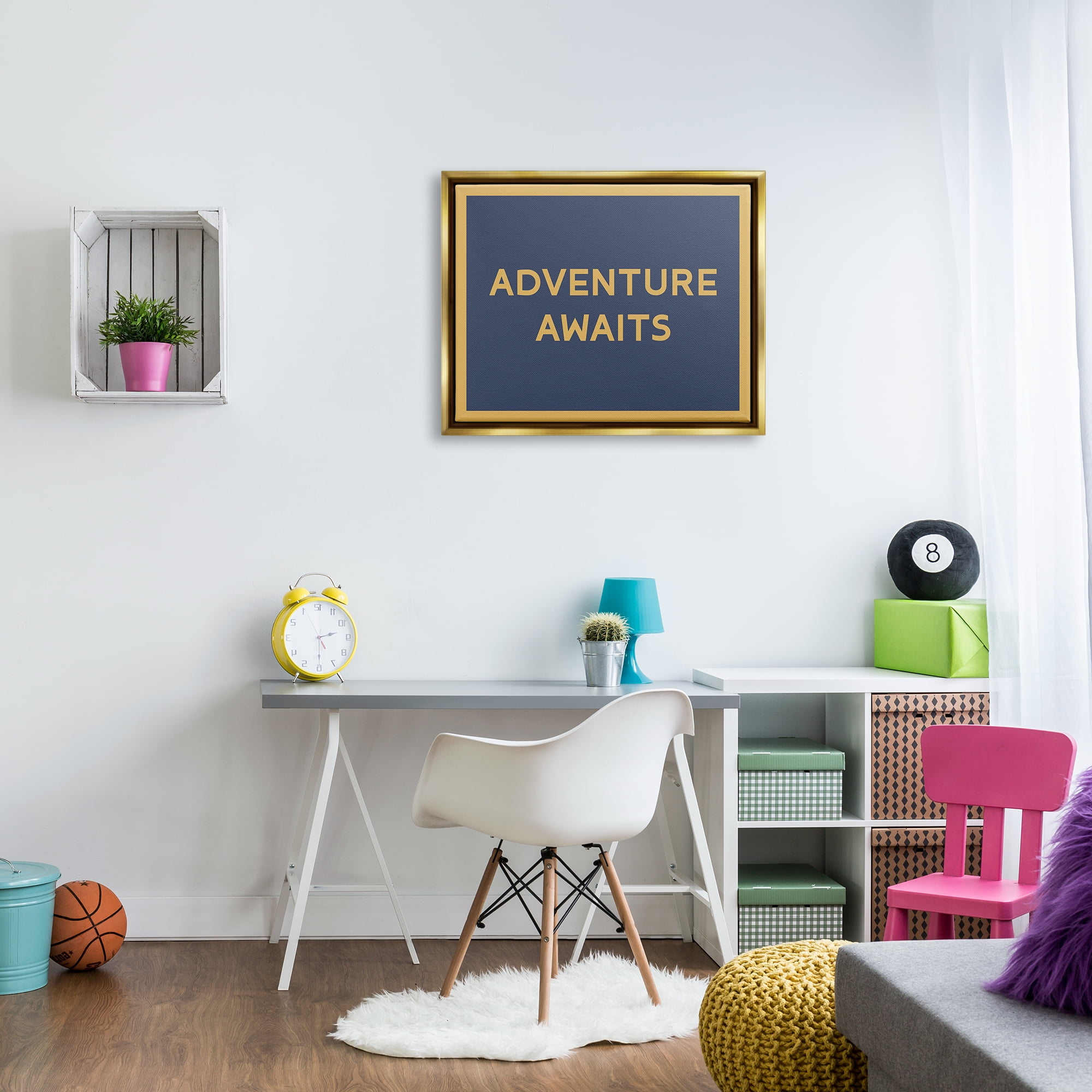 Stupell Industries Adventure Awaits Blue & Ochre Inspirational Painting Gold Floater Framed Art Print Wall Art