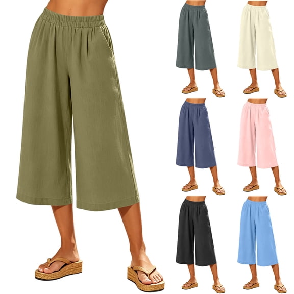 Lumtrix Cotton Linen Capri Pants for Women Wide Leg High Waisted Casual Lounge Pant Summer Flowy Capris with Pockets Pink L