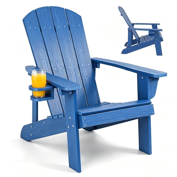 Outdoor Adirondack Chair, All-Weather HDPE Patio Chair with Cup Holder, High Back, 400 lbs Capacity for Porch, Backyard, Garden and Fire Pit, Blue