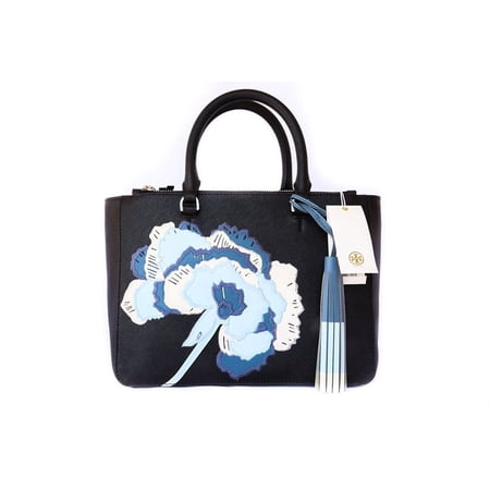 Tory Burch Black Robinson Floral Appliqué Tote Black Blue White Flor Flower New
