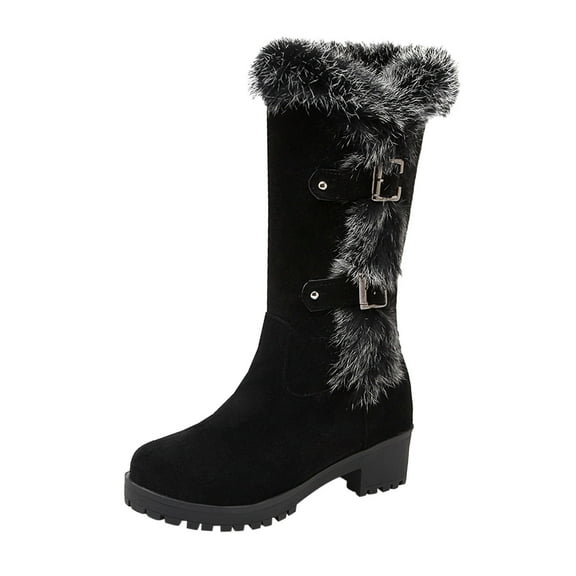 Women's Mid-Calf Boots Autumn and Winter Fashion Suede Warm Furry Boots with Belt Buckle and Thick Soles