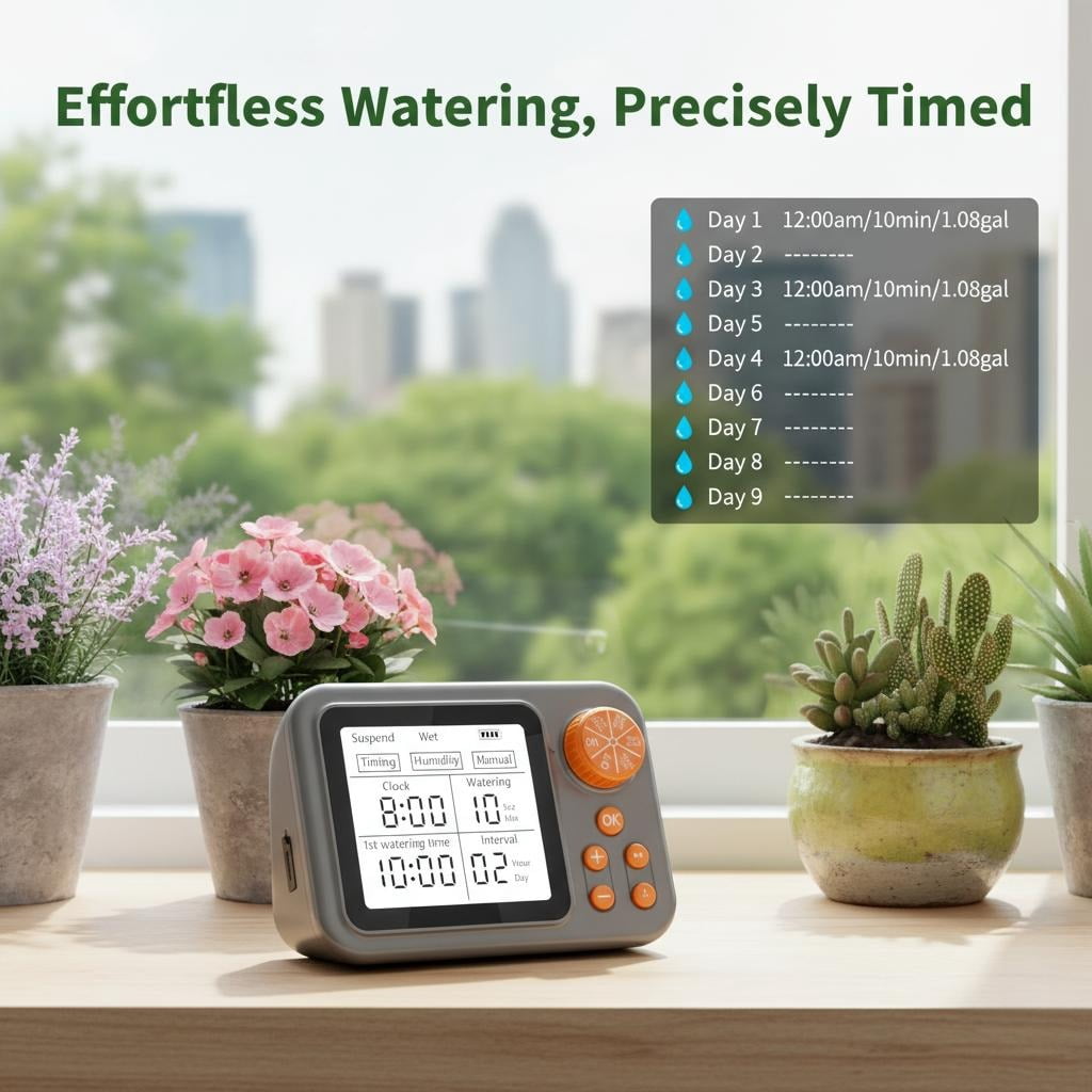 Smart Indoor Plant Watering System with Humidity Sensor, Automatic Drip Irrigation Kit for 10-15 Potted Plants, Self-Watering Device for Vacation & Daily Office/Garden Use.
