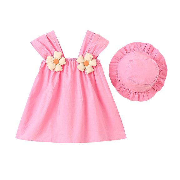 Zwiiyzr 2025 6M-3Y Infant Toddler Baby Girls Dress Trendy Cute Sleeveless Sweet Flower Print Dress Hat Set Pink