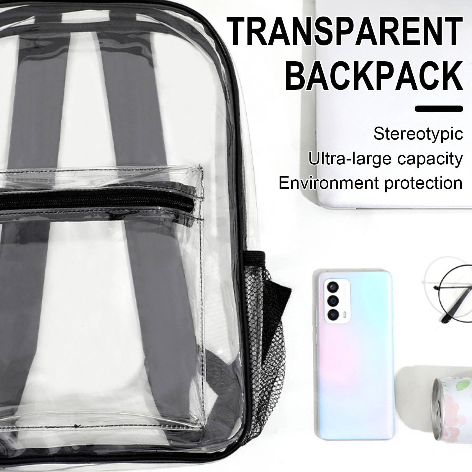 Yhmxh Clear Backpack Heavy Duty Large Clear Bookbag for Adults See Through Backpack with Wider Shoulder Straps for Concert Sport Work Games Supplie (Black)