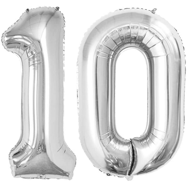 HTOOQ 42 Pouces Or Numéro 10 Ballon, Jumbo Ballons à l'Hélium pour 10ème  Anniversaire Décorations de Fête et 10ème Anniversaire Événement Argent 40  Pouces Numéro 10 