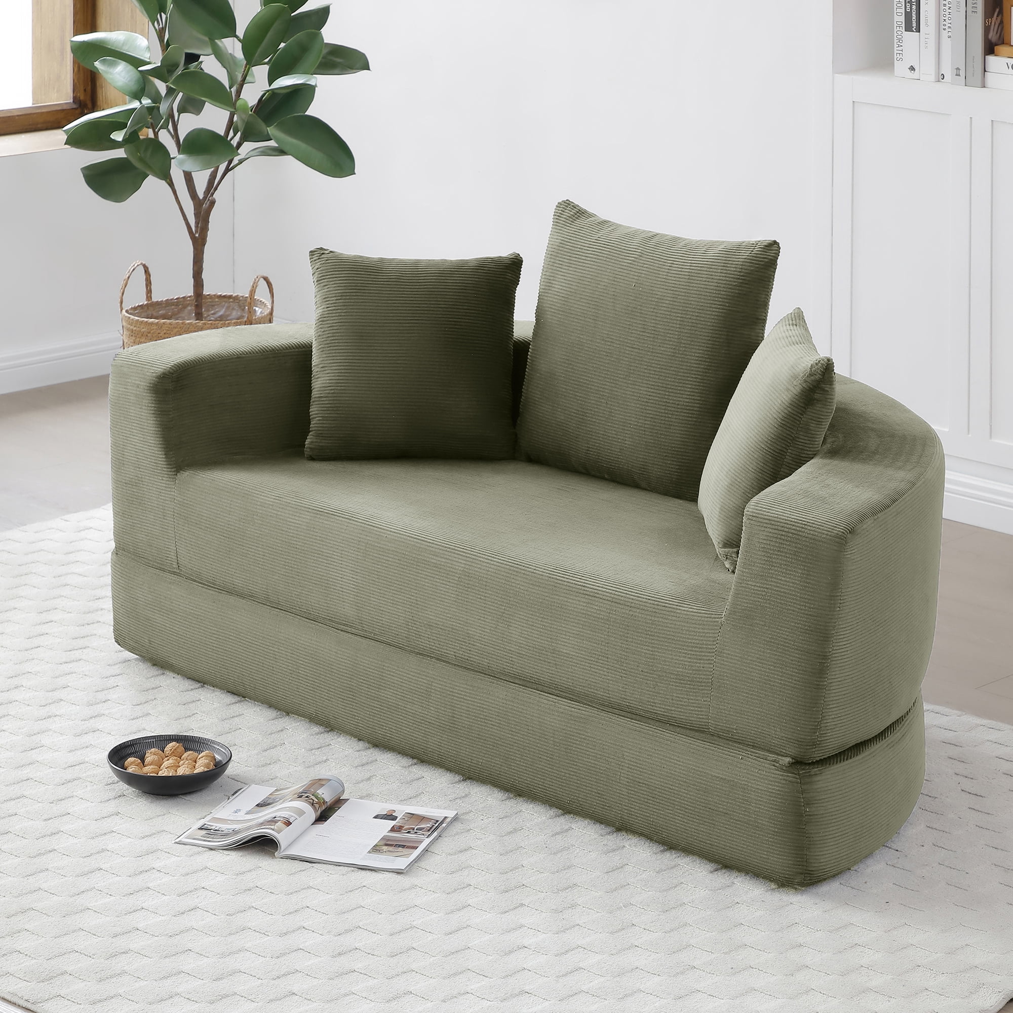 Miniyam 67" X 67" Convertible Sofa Corduroy Couch Bed For Apartment, Adjustable Futon Sofa No Assembly Compressed Sofa, Green