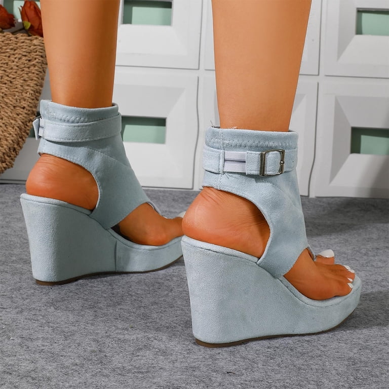 Miluxas Women's Thong Platform Wedge Sandals, Adjustable Ankle Buckle Strap Open Toe High Heel Shoes, Casual Summer Dress Sandals Light Blue 7.5(40)