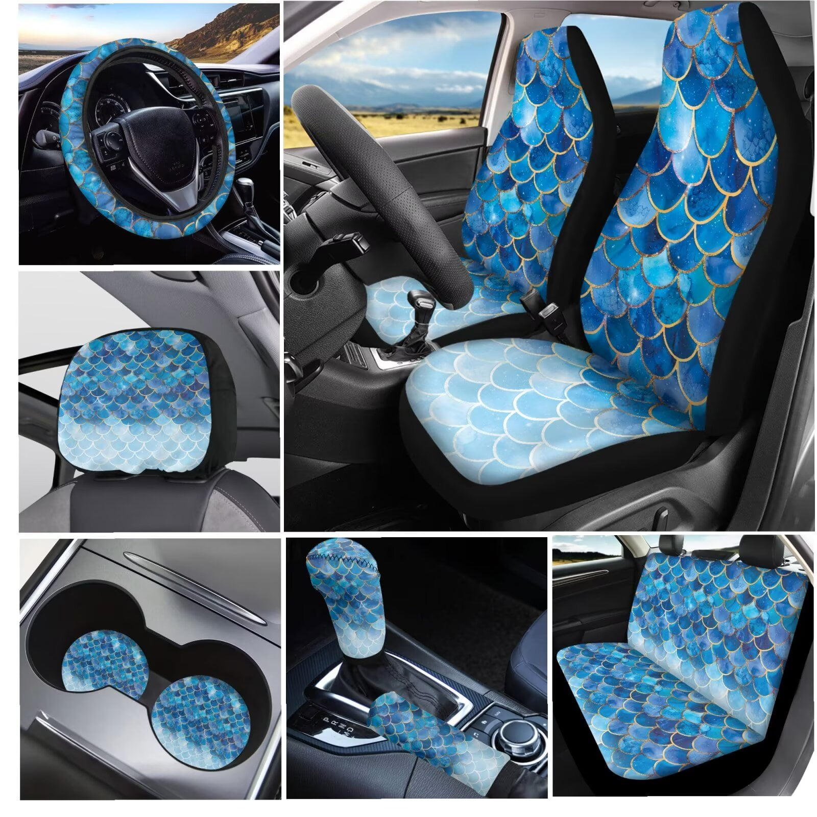 Garronmavis Blue Fish scale Car Assecories, Include Steering Wheel Cover Gear Shift Cover Handbrake Cover Headrest Cover Cup Coasters for Women Men Car Interior Decor for Sedan SUV Truck