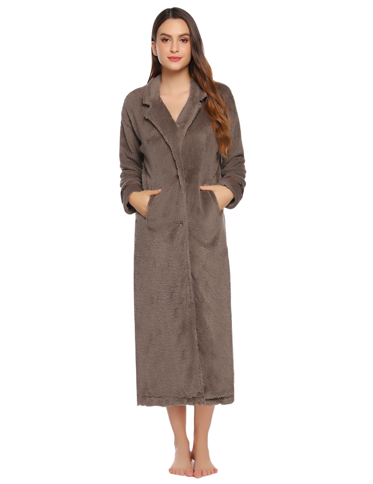 Purcoar Women's Fleece Bathrobe Solid Durable Pockets Easy Care Robe