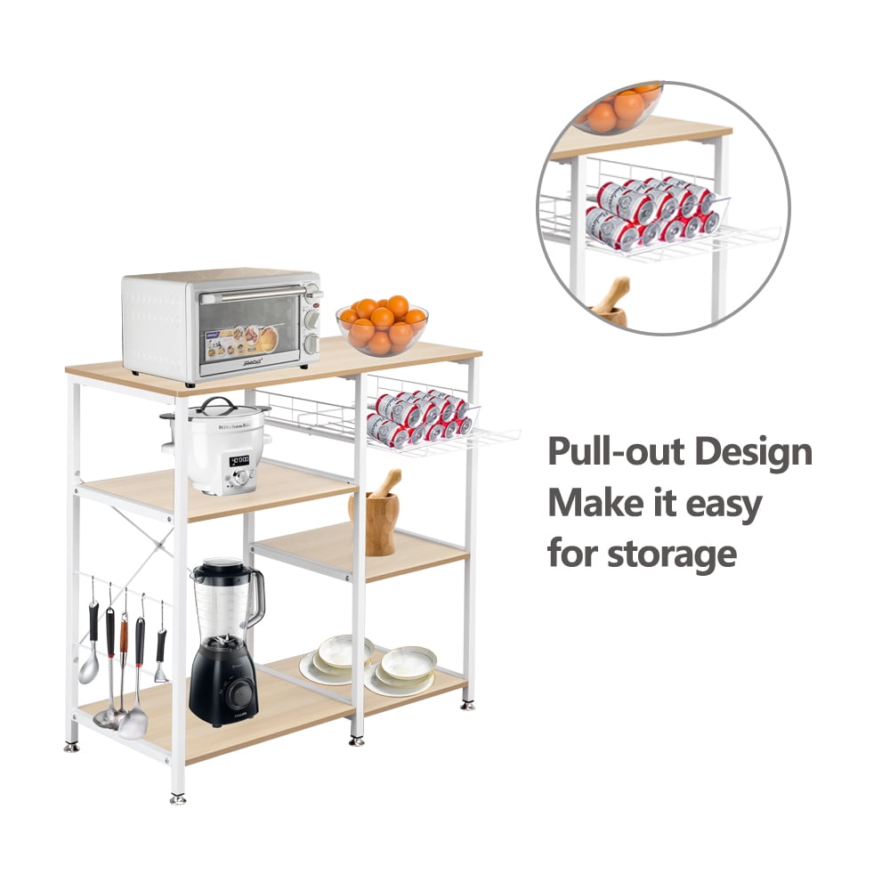 4-Layer Microwave Oven Rack with Pull-Out Basket, X-Shaped Back Bracket, Floor-Standing Kitchen Storage Shelf, White Oak, 35.4 x 15.7 x 33 in