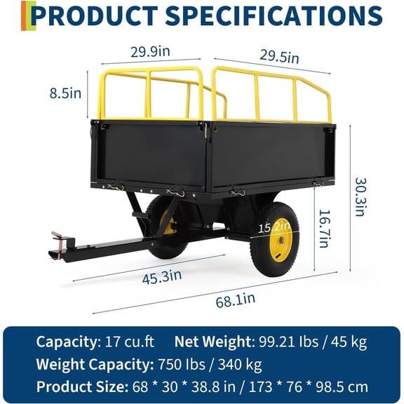 Acekid Heavy Duty Steel Garden Utility Trailer - All Terrain Tires & Removable Sides, Yellow