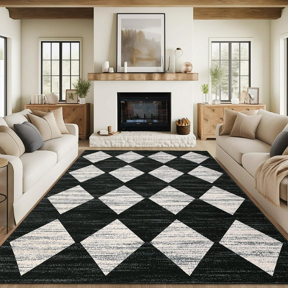 FairOnly 5'x7'Diamond Pattern Low Pile Stain Resistant Area Rug Modern Geometric Washable Rugs for Bedroom Livingroom,Black