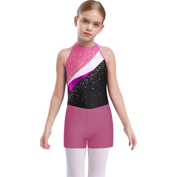 renvena Kids Girls Sleeveless Gymnastics Leotards with Shorts and Hair Band Biketard Dancewear A Pink 6