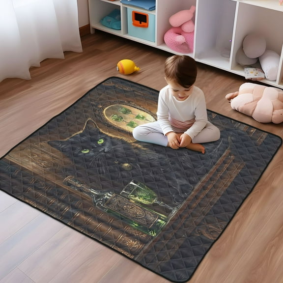WOBOGO Black Cat with Absinthe Baby Playmats Extra Large Waterproof Rollable Activity Pads for Toddlers 50×50inch