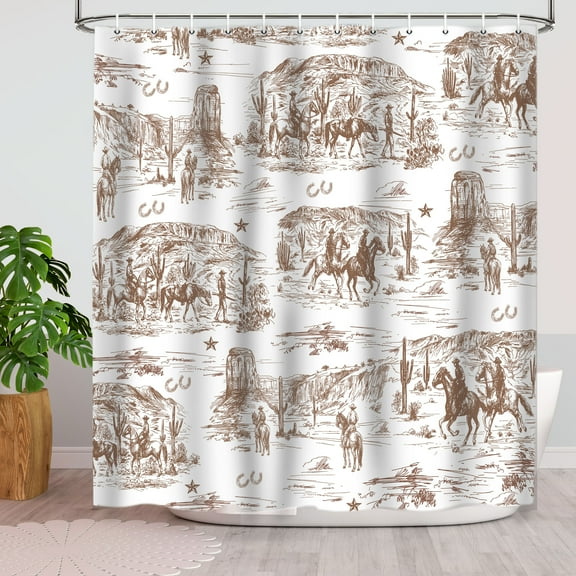 Uokiuki Cowboy Shower Curtain polyester waterproof fabric Bathroom Accessories Light Brown with 12 Hooks