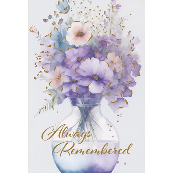 Pictura Always Remembered: Purple and Blue Watercolor Flowers in Vase Sympathy Card