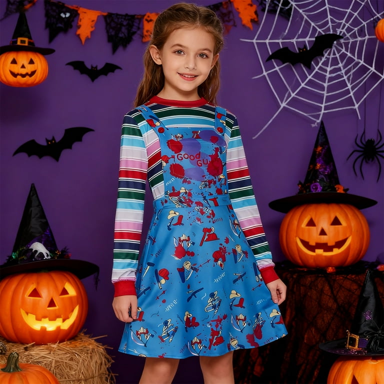 Forfamy Chucky Costume Women Halloween Fancy Dress, Ladies Scary Nightmare Killer Doll Wanna Play Movie Character Bodysuit Chucky Doll Cosplay Costume Set