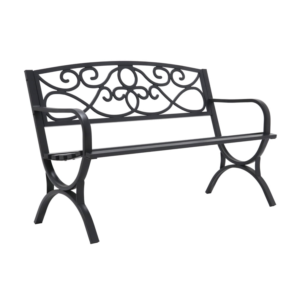 Abble Outdoor Steel Patio Bench, Cast Iron Scroll Back Garden Bench