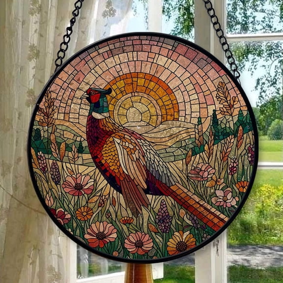 Pheasant among wildflower field GLASS Hanging, Bird Lover Decor, Bird Nerd, Pheasant suncatcher, Bird Suncatcher Decor, sunset suncatcher, Stained Glass Ornament 2025, Holiday