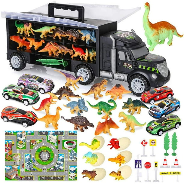 Inteprter 39 Uds dinosaurio camión juguete transportador de coche conjunto incluye figuras de dinosaurio huevo Mini coche de carreras señales de Almacenamiento y organización del hogar Inteprter HA038603-00