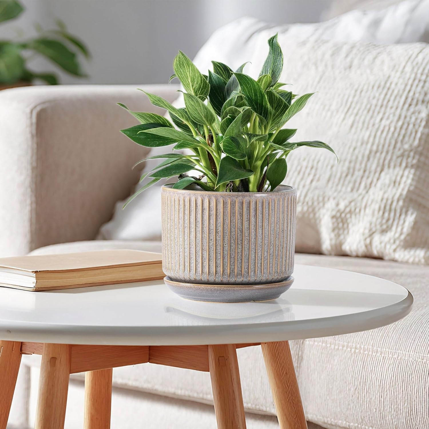 Speckle Gray Ceramic Plant Pot Set of 3 with Saucers, 4.3-6.7 Inch Indoor Flower Pots with Drainage Holes and Pads, Decorative Striped Planter Set for House Plants and Gardening