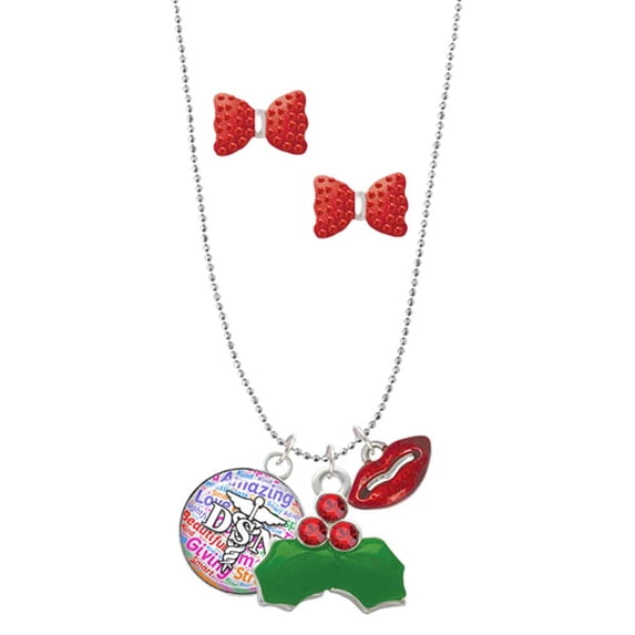 Delight Jewelry Silvertone Domed Multi Color DSN Christmas Kiss Charm Necklace and Stud Earrings