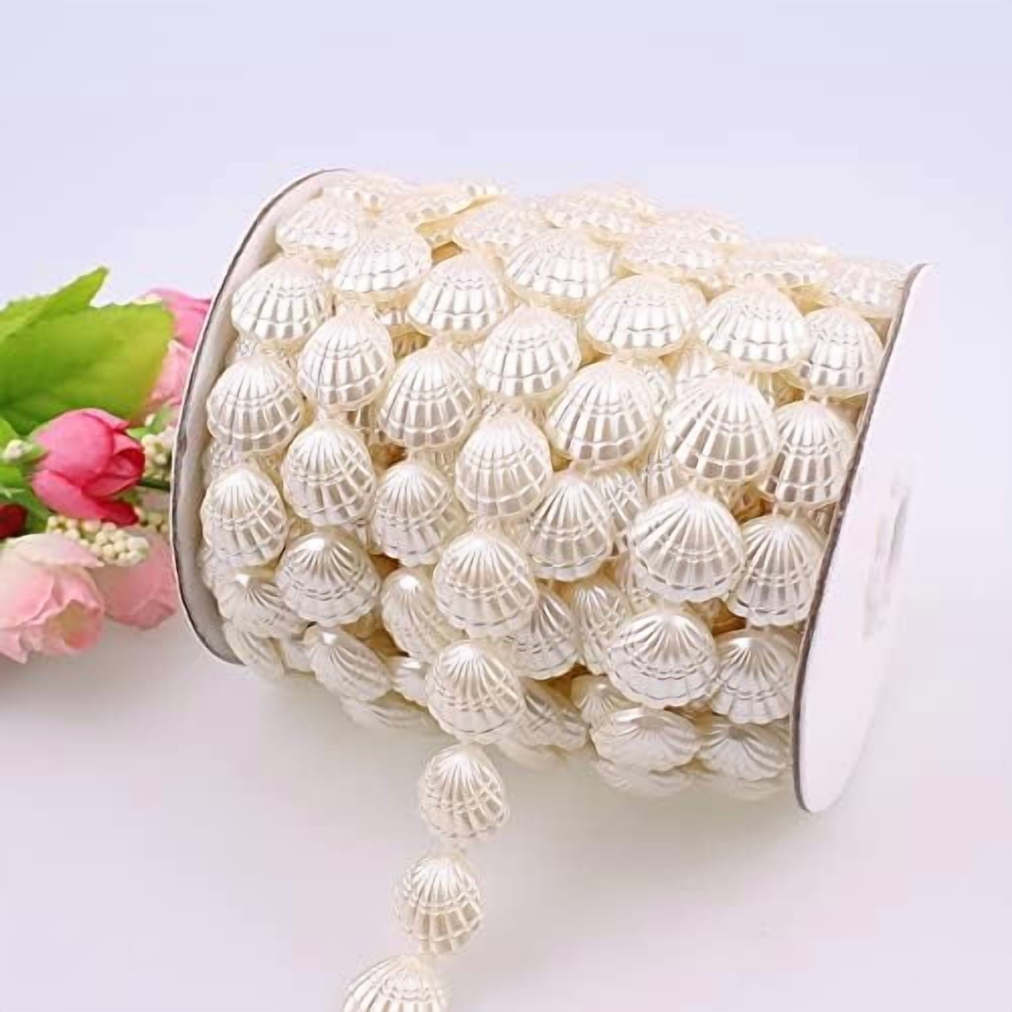 30 Feet 17mm Sea Shell Seashells Shell Ivory Faux Pearl Beads Garland Pearl Bead Roll Strand and Fishing Line Artificial Pearls String Beads Chain Garland Flowers Wedding Christmas Tree Decoration