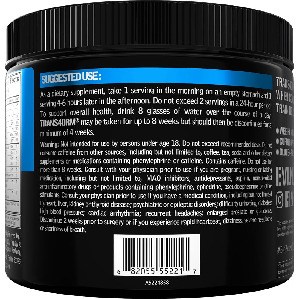 EVLution Nutrition Trans4orm Weight Loss Powder - Thermogenic Fat Burner Formula for Metabolism Support, Energy and Focus - 30 Servings, Blue Raz