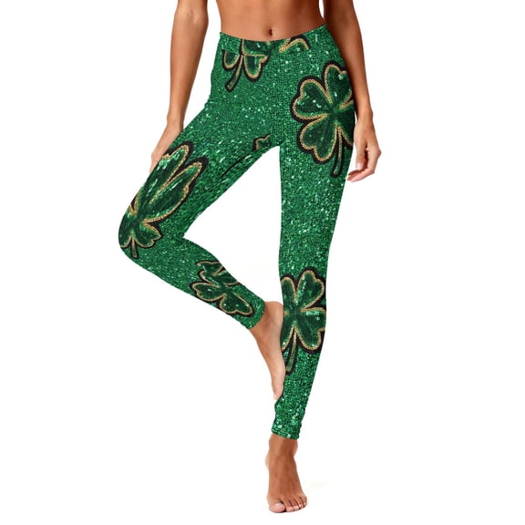 Lorytime St. Patrick's Day Athletic Leggings for Women Glitter Green Trousers Vacation Tights Pants Running Outwear