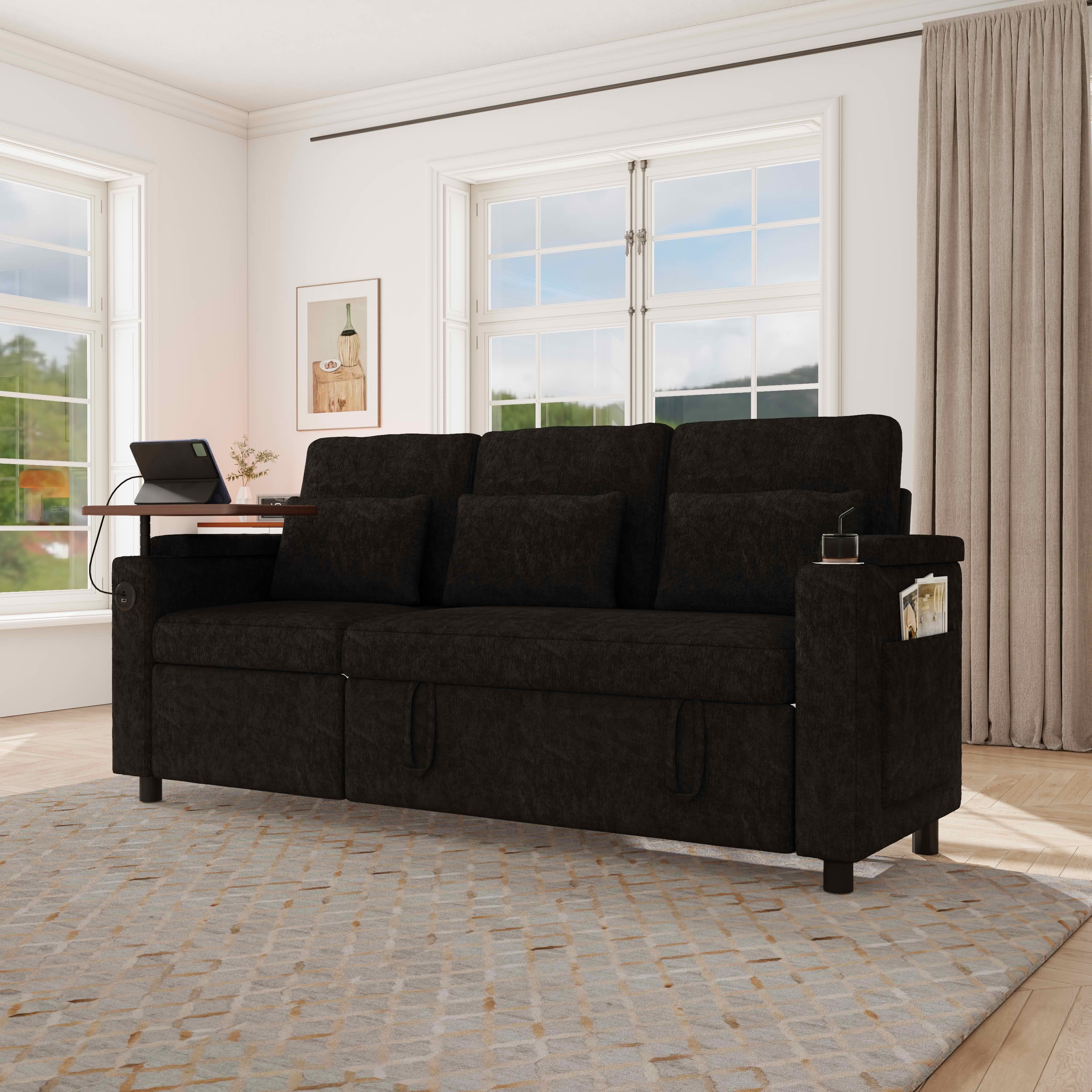 MAYEERTY 83-Inch Black Chenille 3-Seat 3-in-1 Foldable Sofa Bed, Modular Couch with Adjustable Backrest, USB Ports, Table Board & Storage Armrests