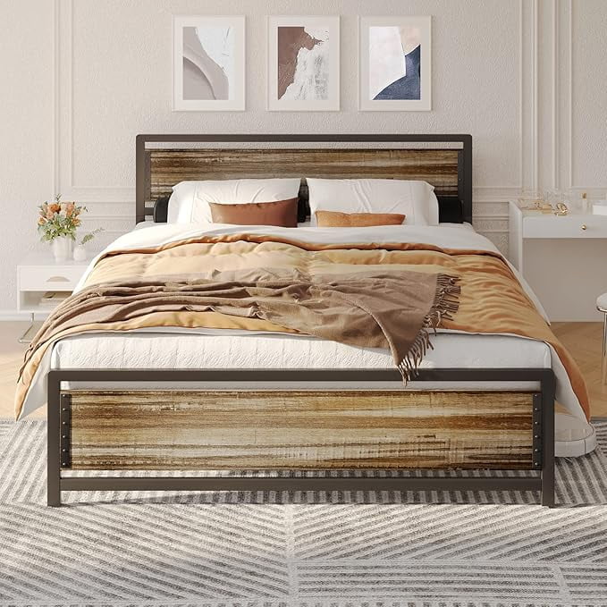 Queen Metal Bed Frame with Wooden Headboard, 15 Heavy Duty Slats, Large Under-Bed Storage, Noise-Free, No Box Spring Needed, Easy Assembly, Retro Rivet Design.