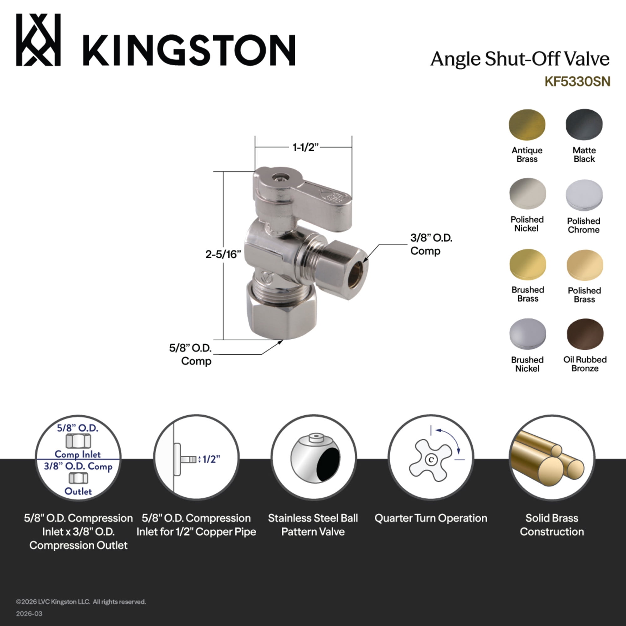 Kingston Brass KF5330PB 5/8-Inch O.D. Comp x 3/8-Inch O.D. Comp Quarter-Turn Angle Shut-Off Valve in Polished Brass