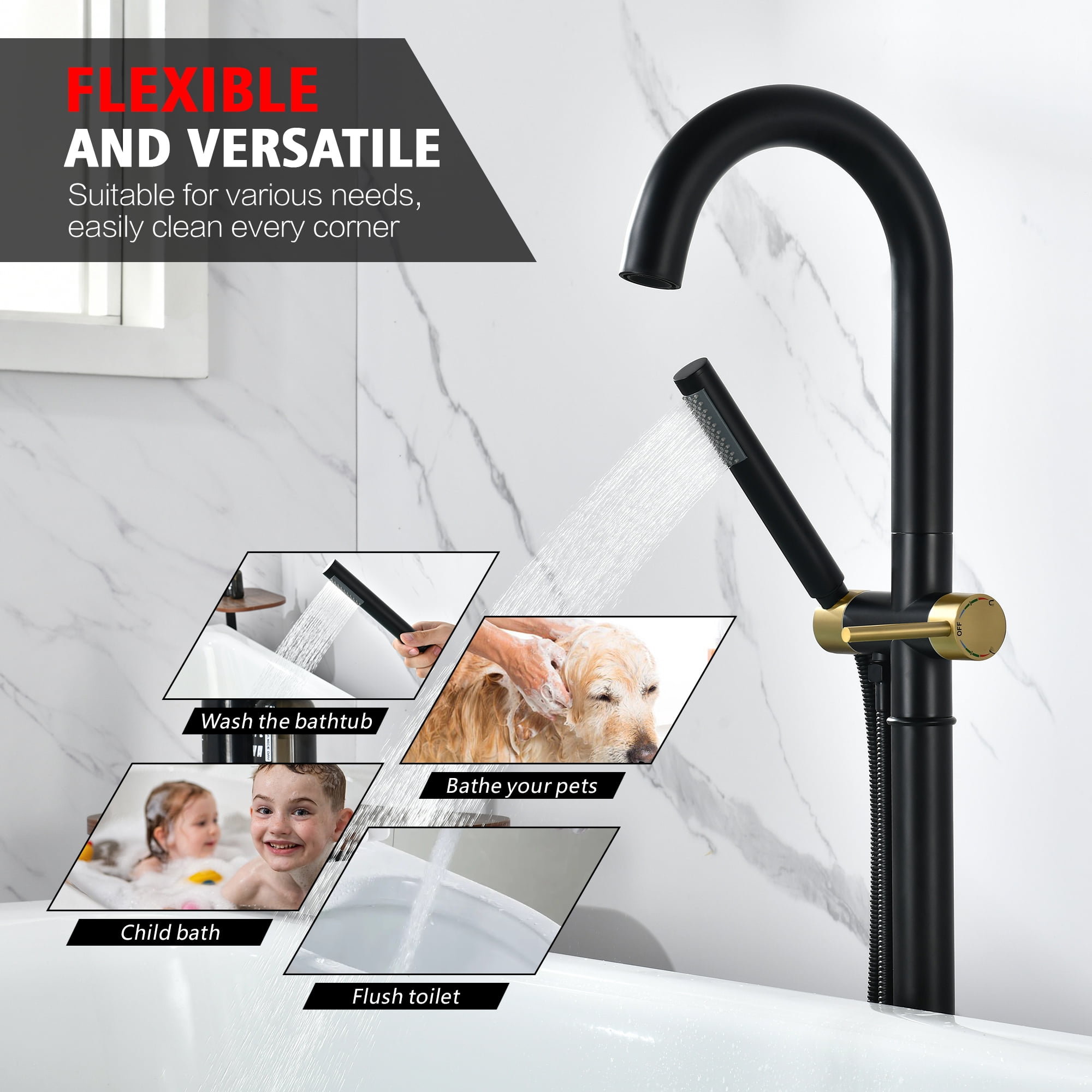 sumerain Floor Mounted Tub Faucet with Handheld, High Flow Freestanding Bathtub Faucet with Swivel Spout Black and Gold