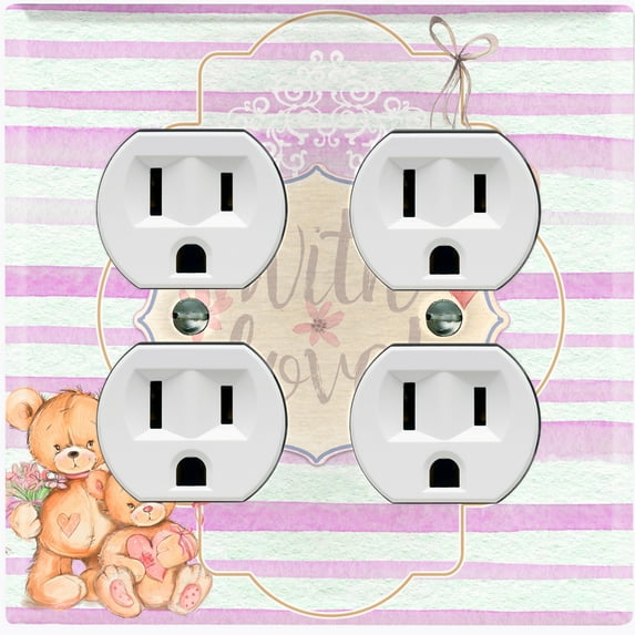 Metal Light Switch Wall Plate Outlet Cover (2 Teddy Bears With Love Heart Balloon Flower Pink Stripes - Double Duplex)