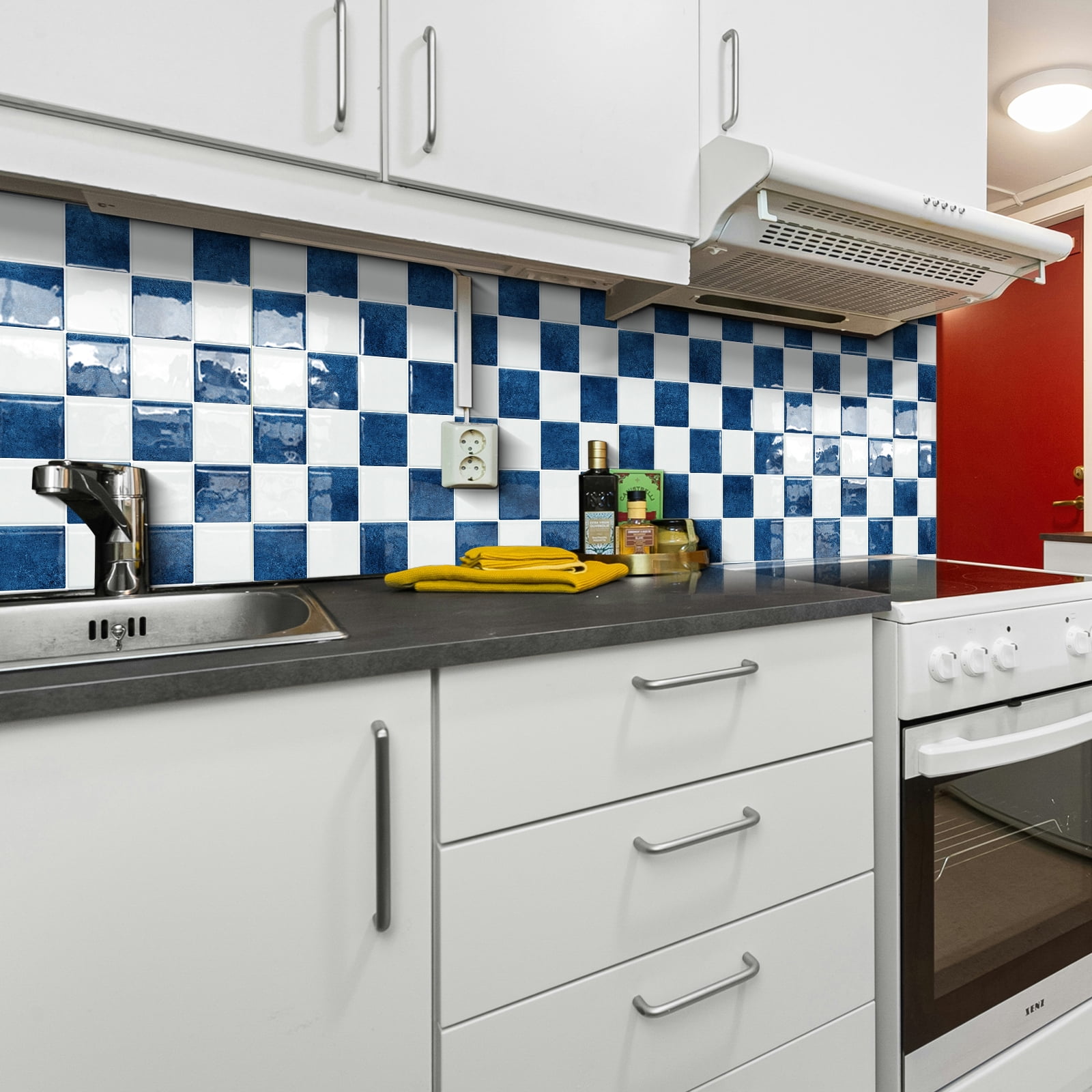 DEWOO Thick Peel and Stick Backsplash Tiles Kitchen Bathroom Square Self Adhesive Wall Tile Checkerboard Checkered Stickers,Blue (10-Sheet, 9"×9")