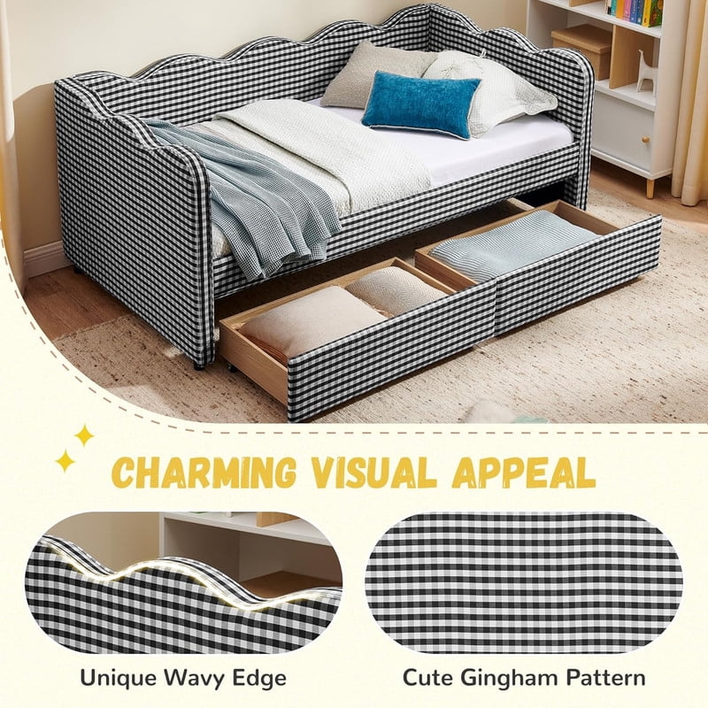 Twin Size Cozy Gingham Daybed with 2 Storage Drawers, Wave Shaped Linen Fabric Sofa Bed with USB Port for Living Room Bedroom