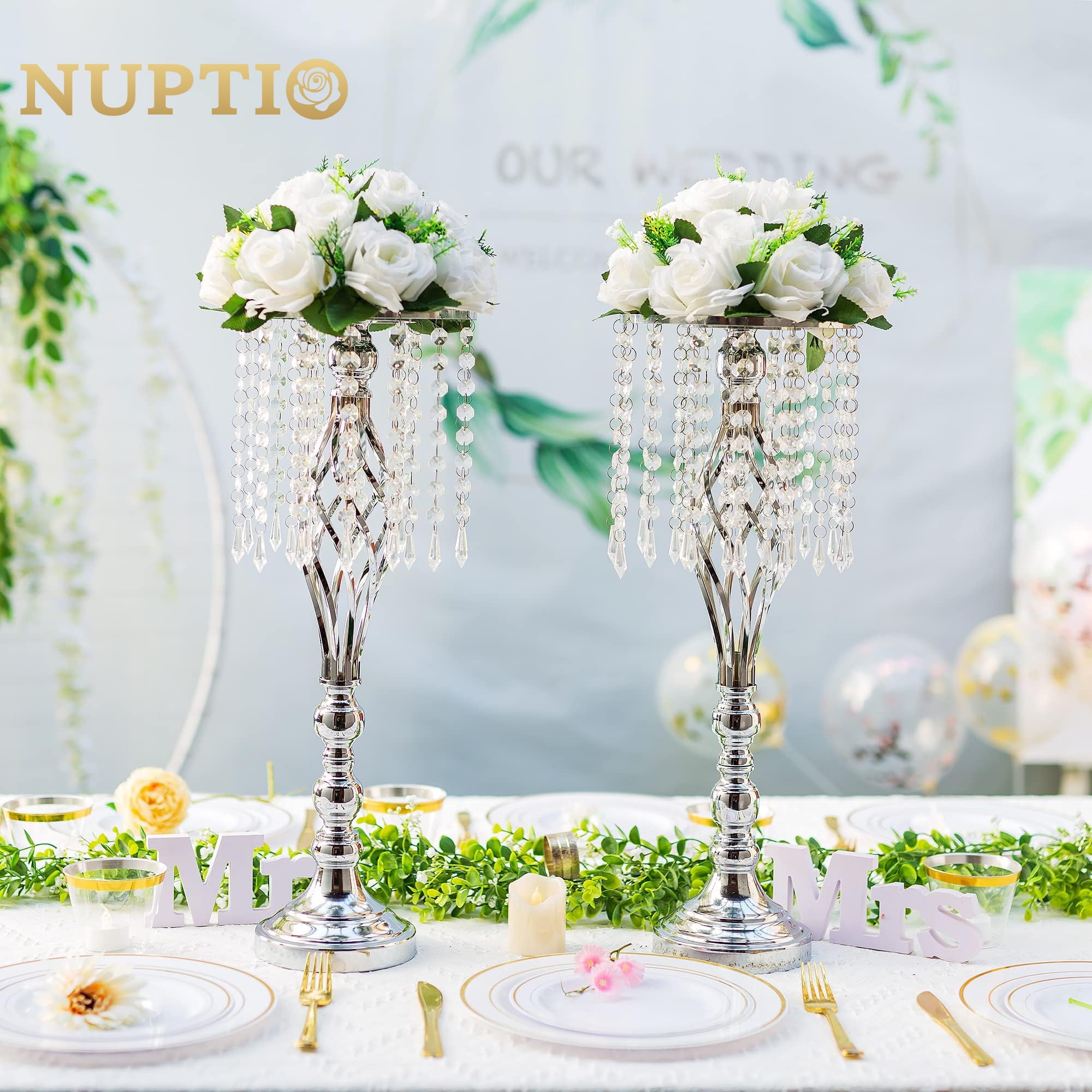 Nuptio Set of 10 White Rose Artificial Flower Kissing ball, 15 Heads Fake Peony Silk Flowers Bouquet for Centerpiece Wedding Birthday Party Home Table Decor