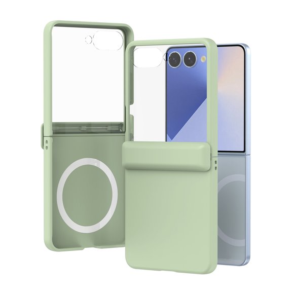 ELEHOLD For Samsung Galaxy Z Flip 7 Rugged Magnetic Case with Screen Protector,Shockproof Hard PC Magnetic Non-Slip Skin-Friendly Hinge Cover Wireless Charging Protective Case, Lightgreen