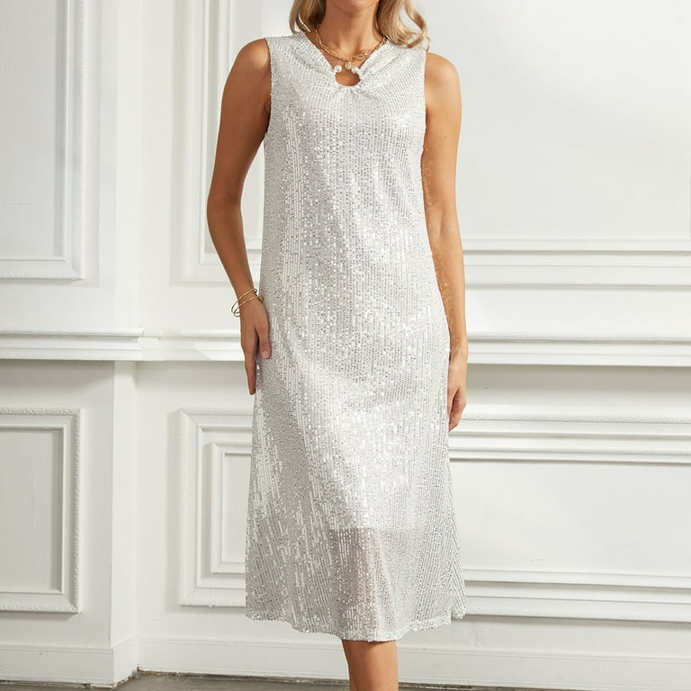 Antinious Summer Dresses for Women,Beach Dresses for Women,Dresses for Women Elegant Solid Sequin Sleeveless Round Neck Mid-Calf Dress,White,L,