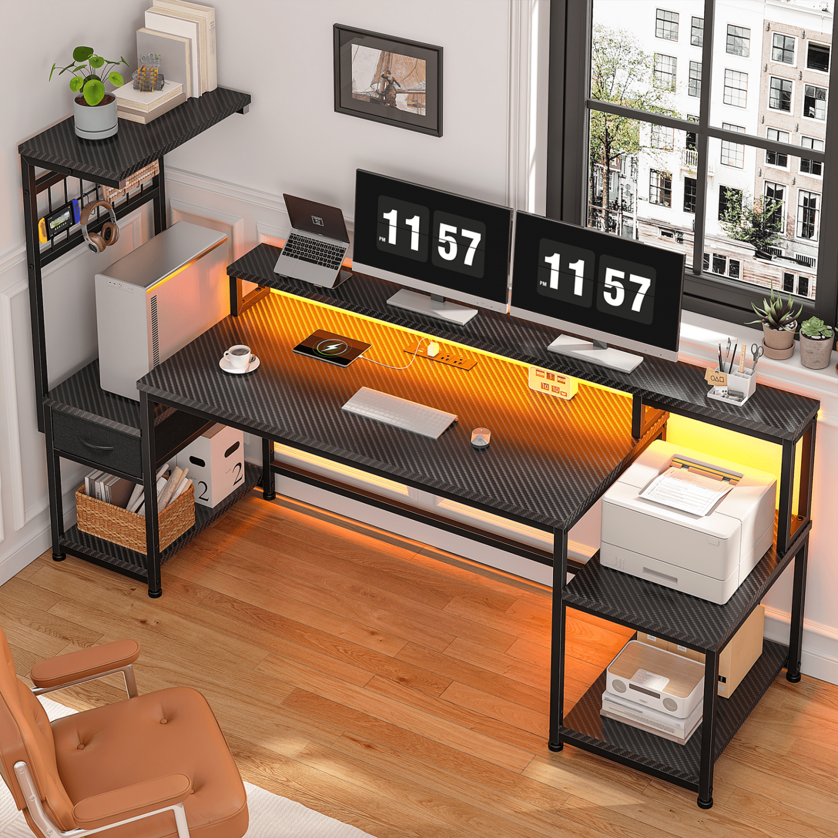 Romorgniz 63"W Gaming Desk Computer Desk with LED Lights & Outlets Corner Desk with Storage & Monitor Stand for Gaming,Studying,Home Office Desks,Black
