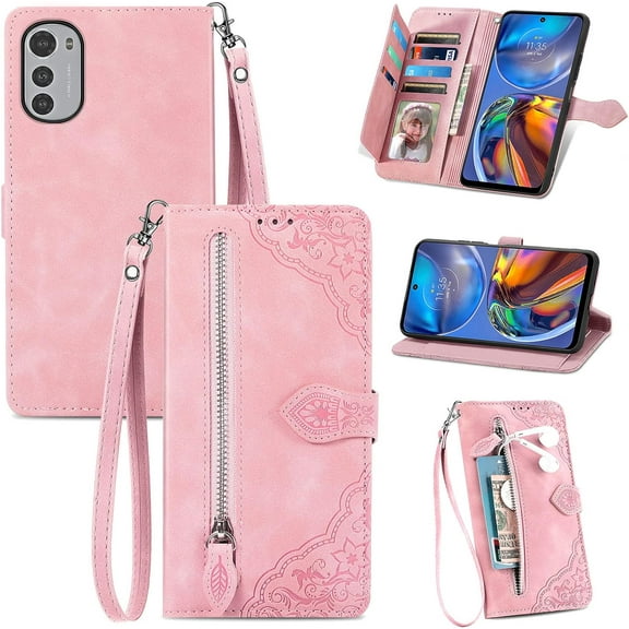 Zipper Storage Design Wallet Case for Motorola E32, Case for Moto G22,Skin Friendly Feel Leather Case with Magnetic Clasp and Muliti-Card Slots Holster for Moto E32/G22, SZY Pink