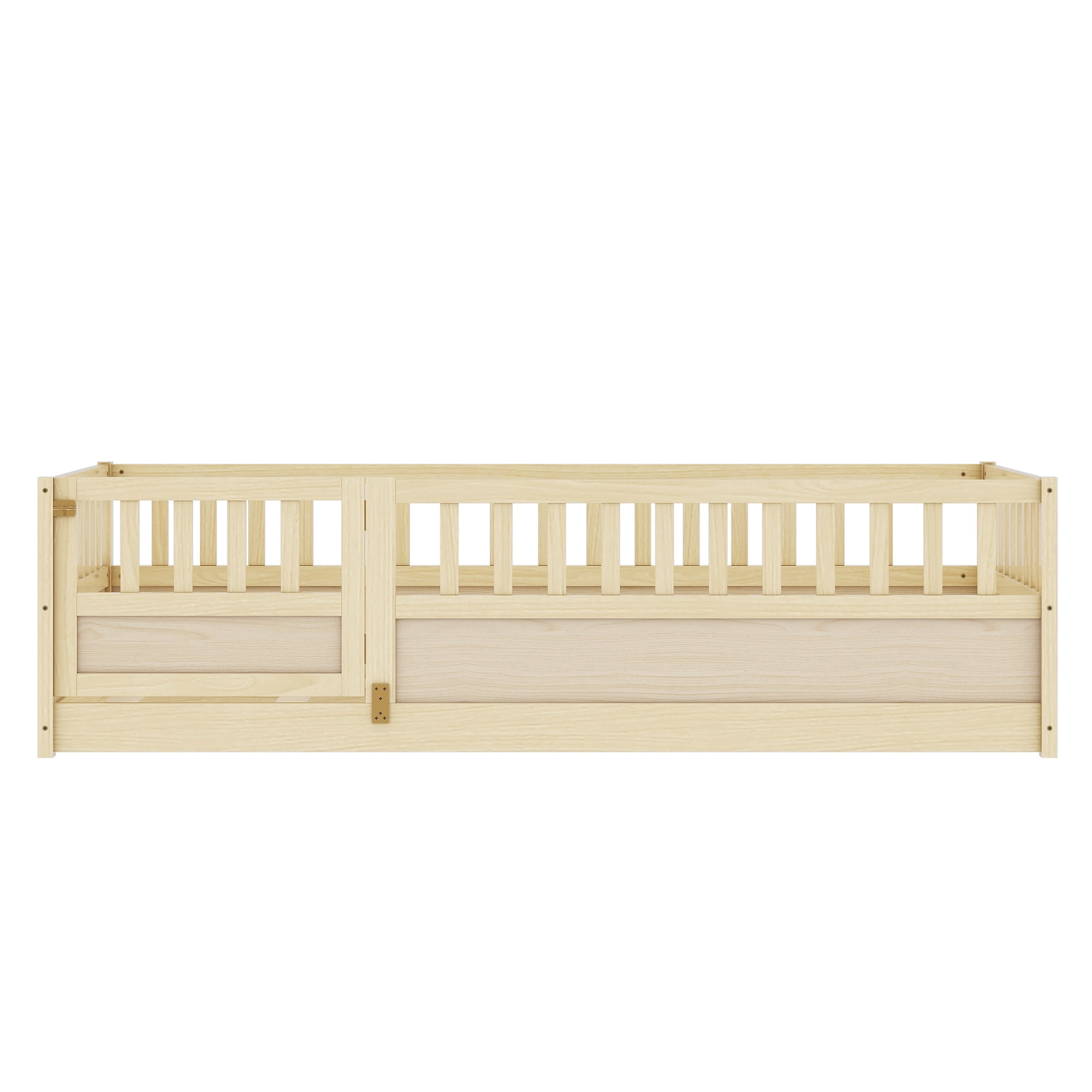 Kumix Floor Bed Twin Size with Door and Fence, Bed for Aged 1-3, Wooden Floor Bed with Safety Guardrails for Bedroom, Twin Floor Bed Frame for Girls & Boys, No Box Spring Needed, Natural