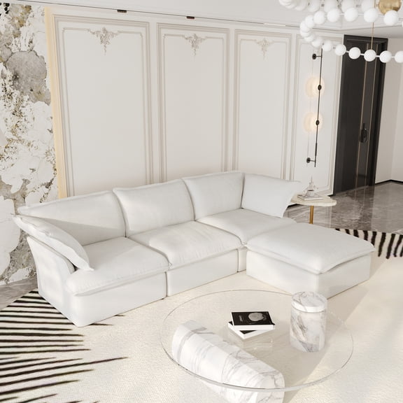 The Magic Home 122" Modular Sectional Sofa with Movable Ottoman, L Shaped Cloud Couch for Living Room, 3-Seat, White Sofa
