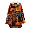 thumbnail image 4 of BLTIBY Women Jacket Coat Hooded Fall Winter Ethnic Style Printed Thicked Button Long Peacoat Loose Cardigan Overcoat Long Sleeve Tops with Pockets Orange S, 4 of 5