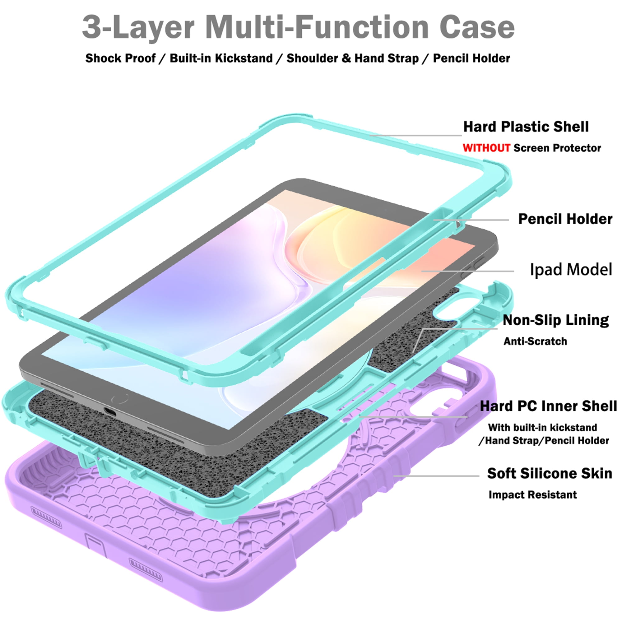 Dteck Kids Case for iPad 10th Generation Case 2022, Military Grade Shockproof Rugged Cover for iPad 10th Gen 10.9 Inch with 360° Swivel Stand - Handle - Shoulder Strap - Pencil Holder,Purple Green