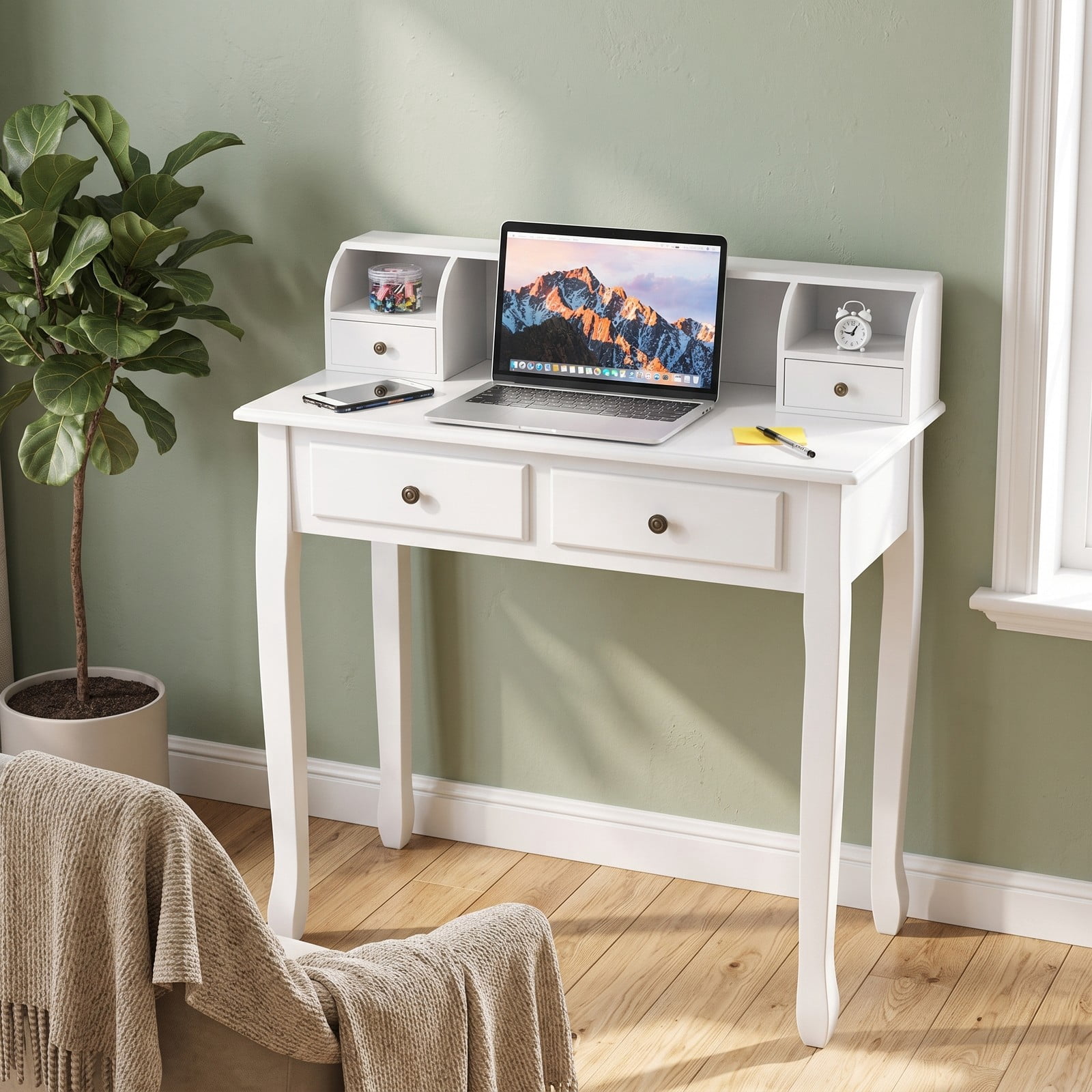 Furnibear Vanity Desk with 4 Drawers, 2-Tier Writing Desk Computer Desk with Detachable Storage Cabinet for Home Office and Bedroom, White