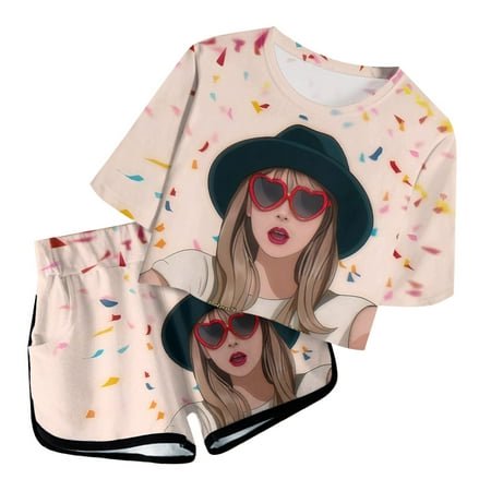 EDFBUYKRS Girls Shorts Set Top And Short Set Short Sleeve Tees Music Fan Outfit Kids