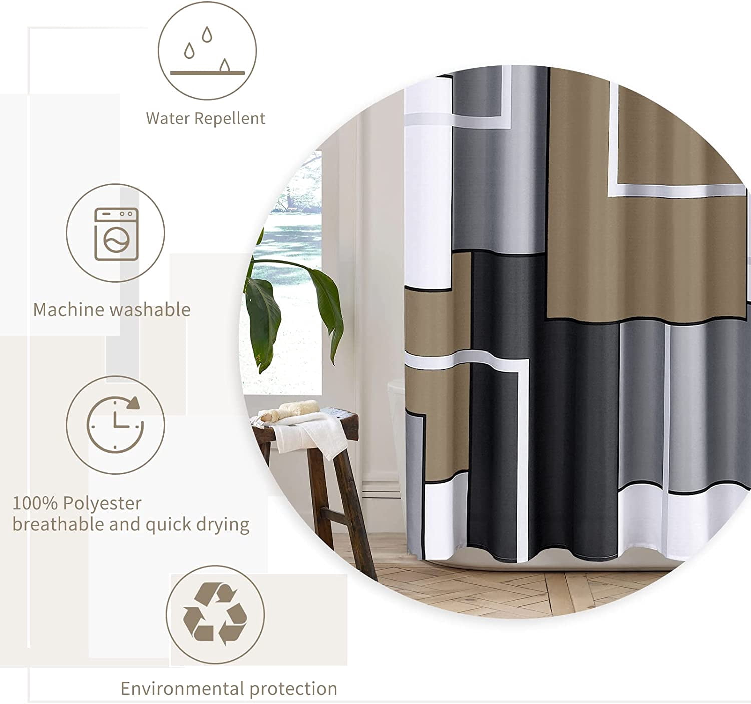 Khaki Shower Curtain Set with Hooks Black and White Shower Curtains for Bathroom Fabric Shower Curtain Geometric Bath Curtains Decorative Grey Shower Curtain Water Repellent, 72x72, Espresso