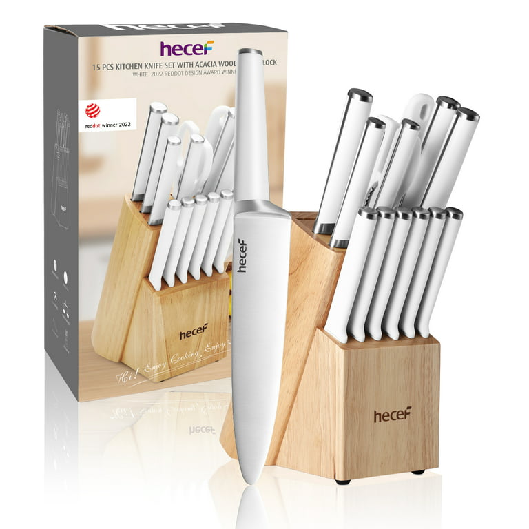 Hecef 15 Pcs Knife Set with Block Sharpener, High Carbon Stainless Steel Sharp Kitchen Knife, Size: 15 x 9 x 5.4, White